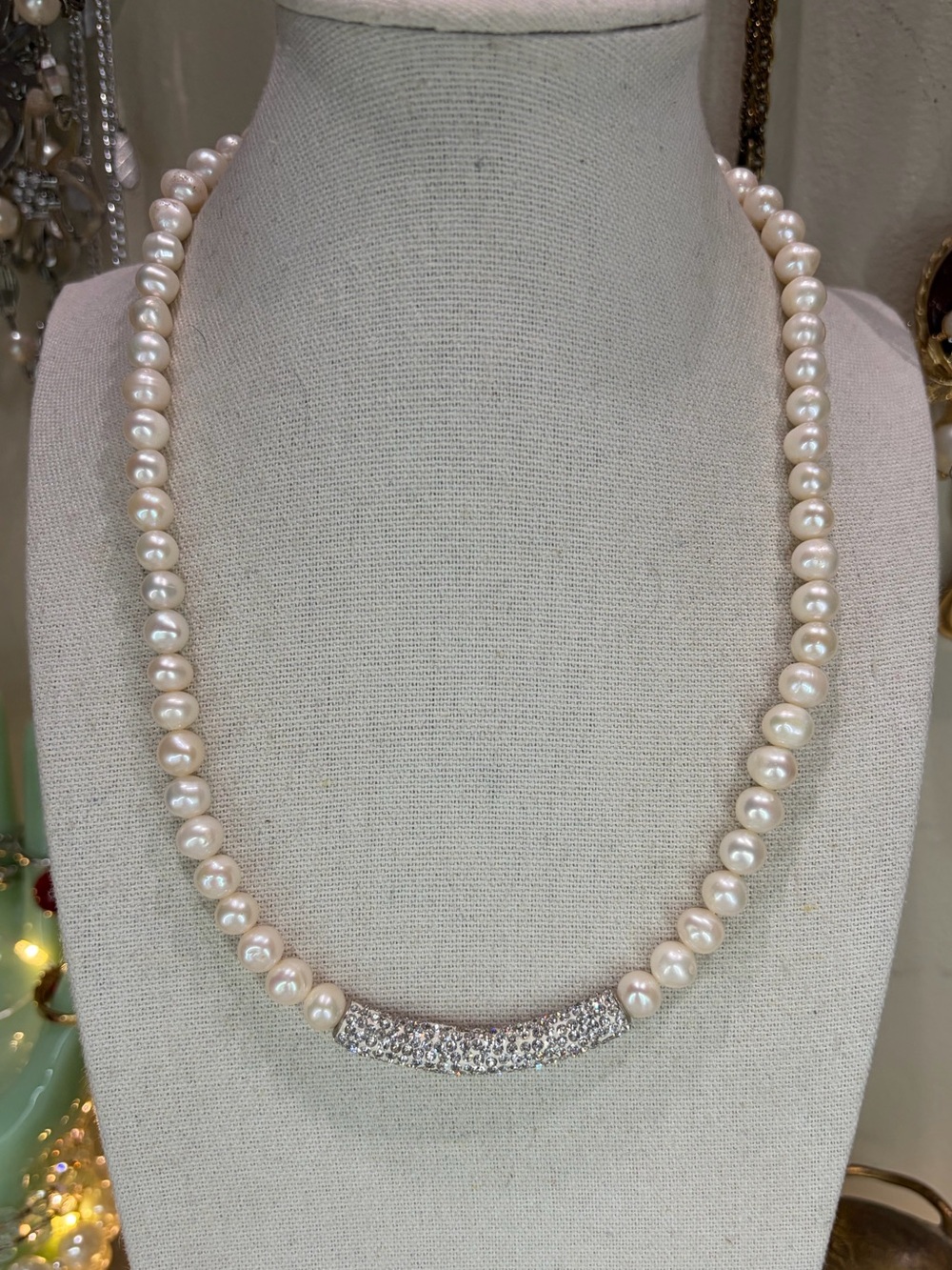 JTV Genuine Pearl Necklace White Iridescent Rhinestone Centerpiece Jewelry
